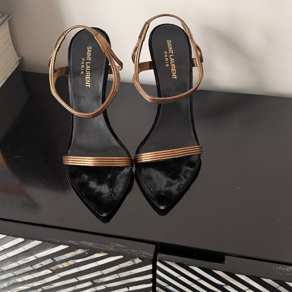 Saint Laurent Black and Gold Strappy Heels - Picture 8 of 10